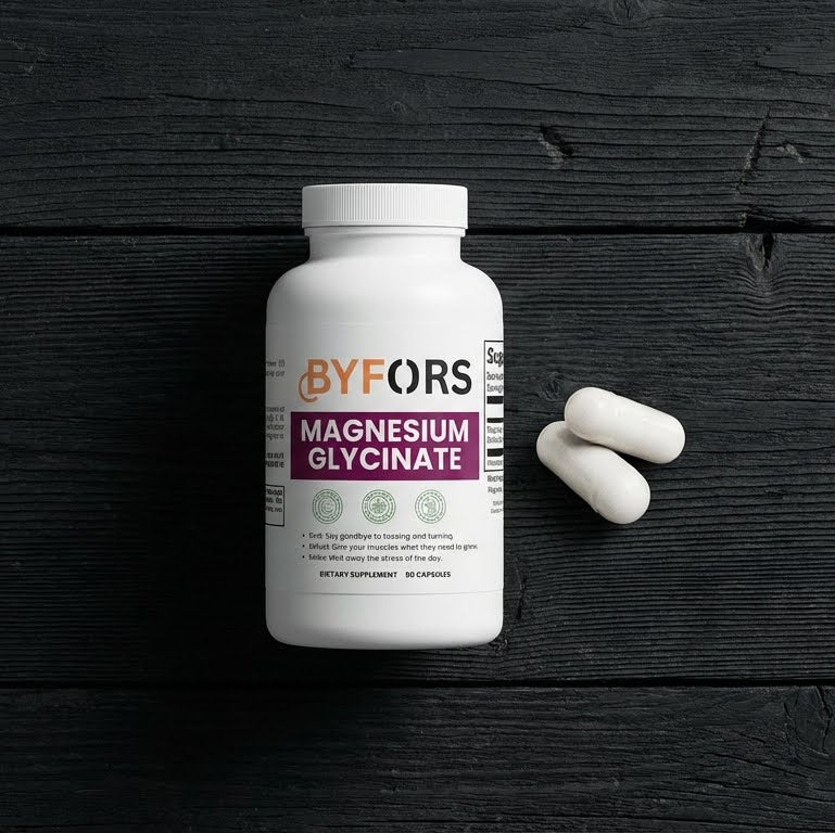 Byfors Magnesium Glycinate on dark wood surface